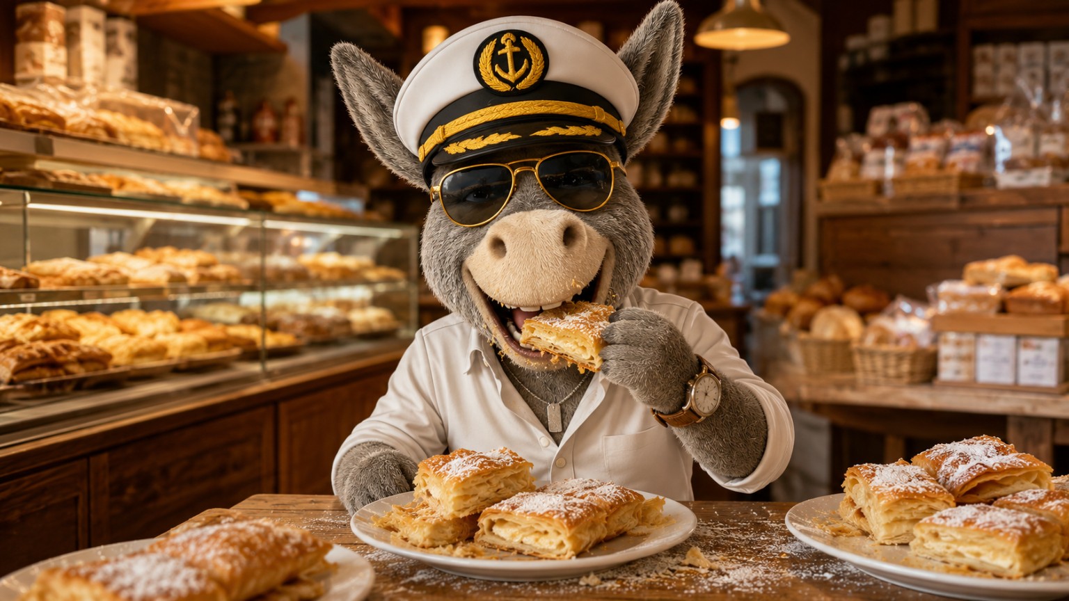 Ody eating bougatsa in a bakery