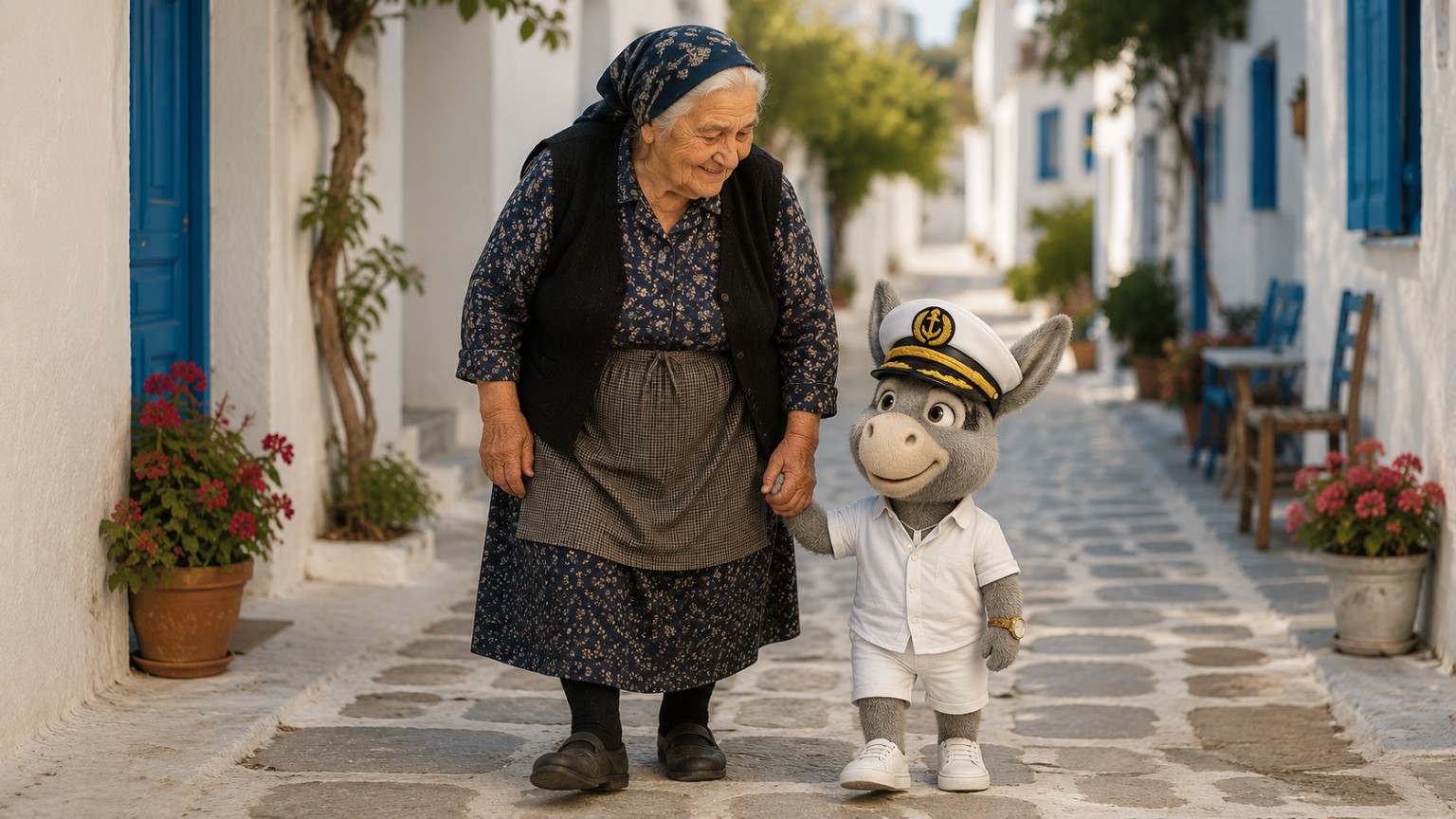 Ody walking with his Greek grandma through a Greek village